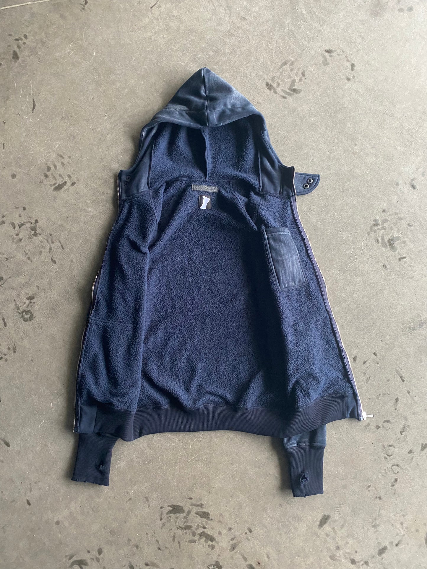 W/D Waxed Distressed Zipper Dark Blue Hoodie