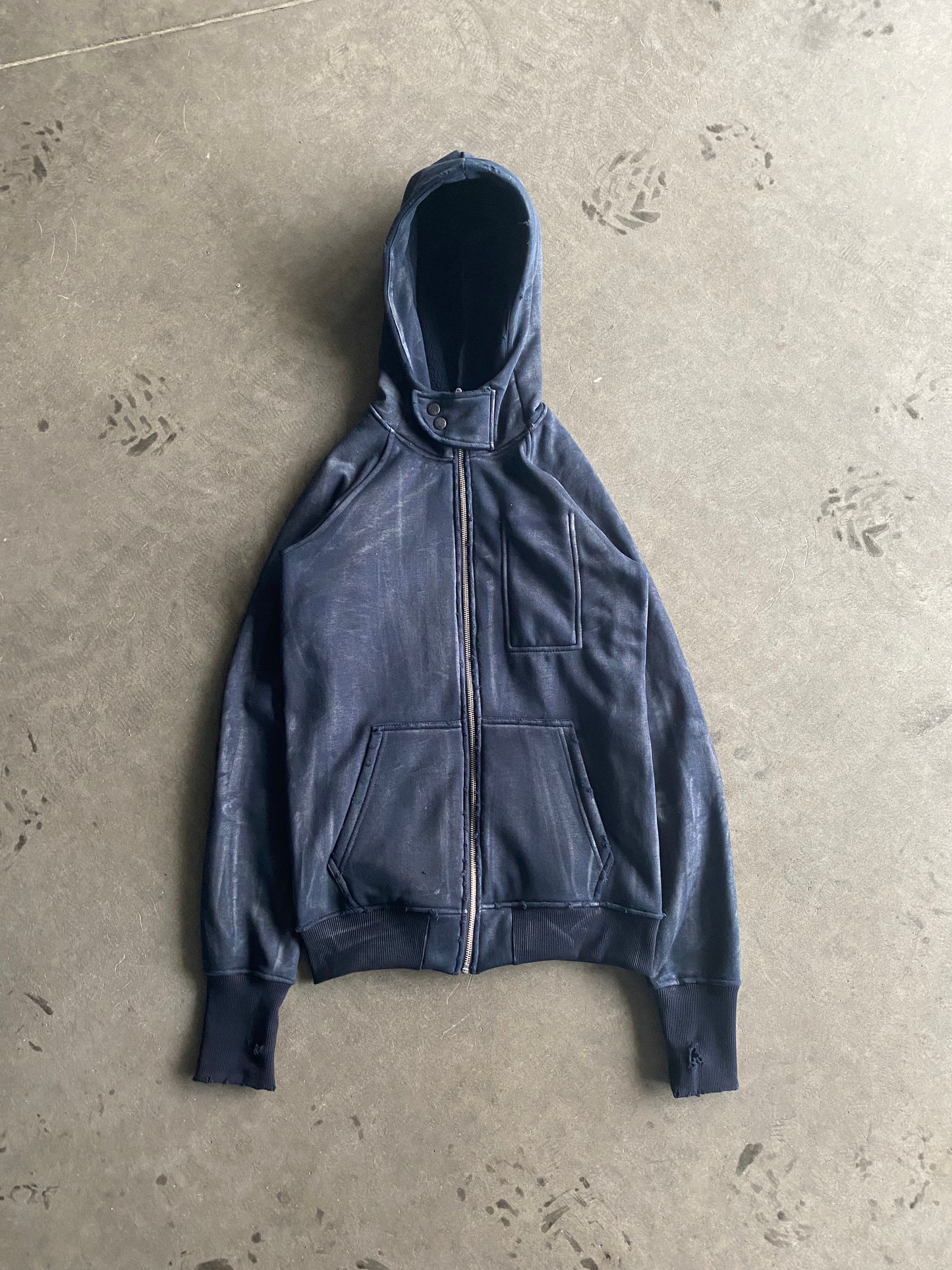 W/D Waxed Distressed Zipper Dark Blue Hoodie