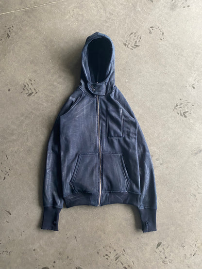 W/D Waxed Distressed Zipper Dark Blue Hoodie