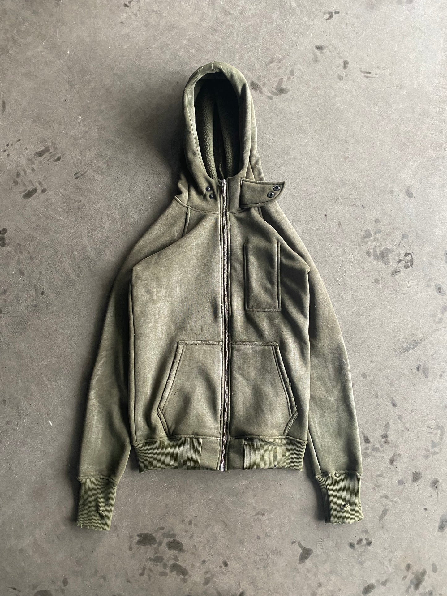 W/D Waxed Distressed Zipper Khaki Hoodie