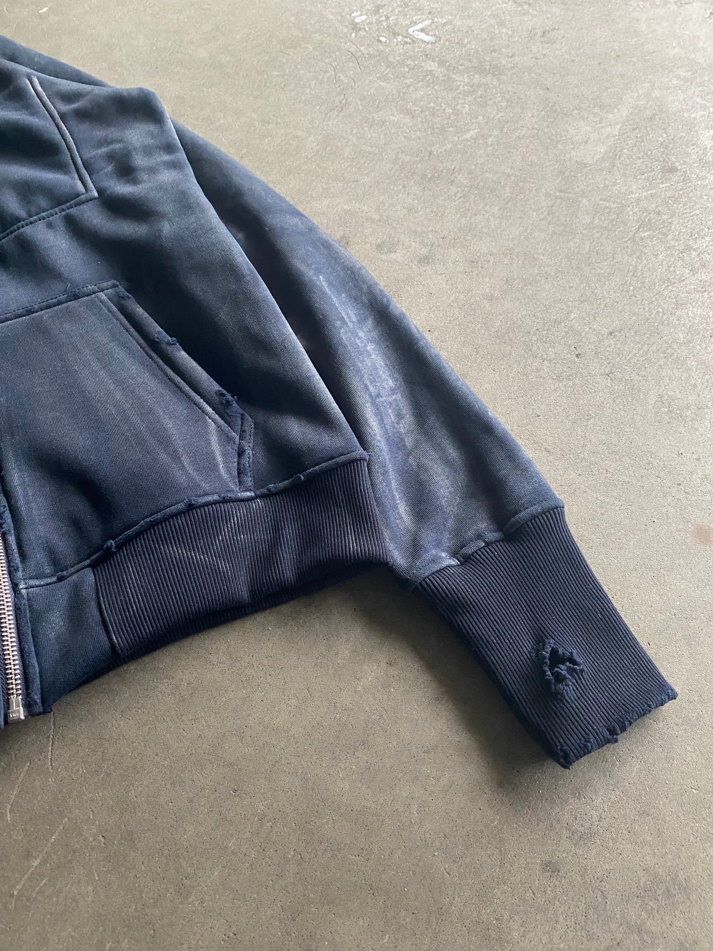 W/D Waxed Distressed Zipper Dark Blue Hoodie