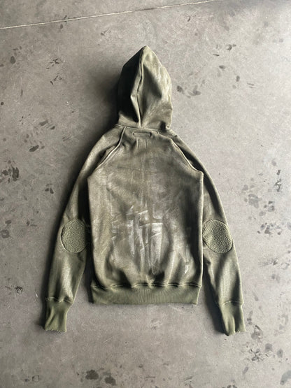 W/D Waxed Distressed Zipper Khaki Hoodie