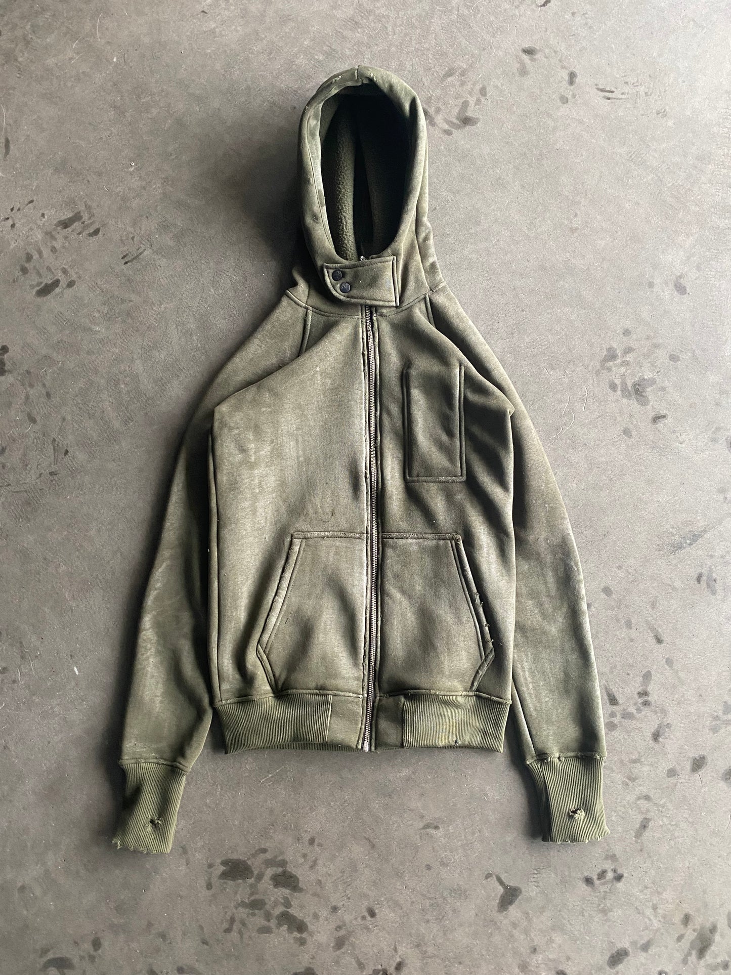 W/D Waxed Distressed Zipper Khaki Hoodie