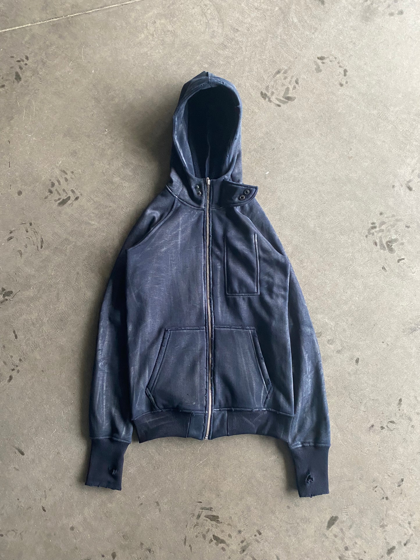 W/D Waxed Distressed Zipper Dark Blue Hoodie