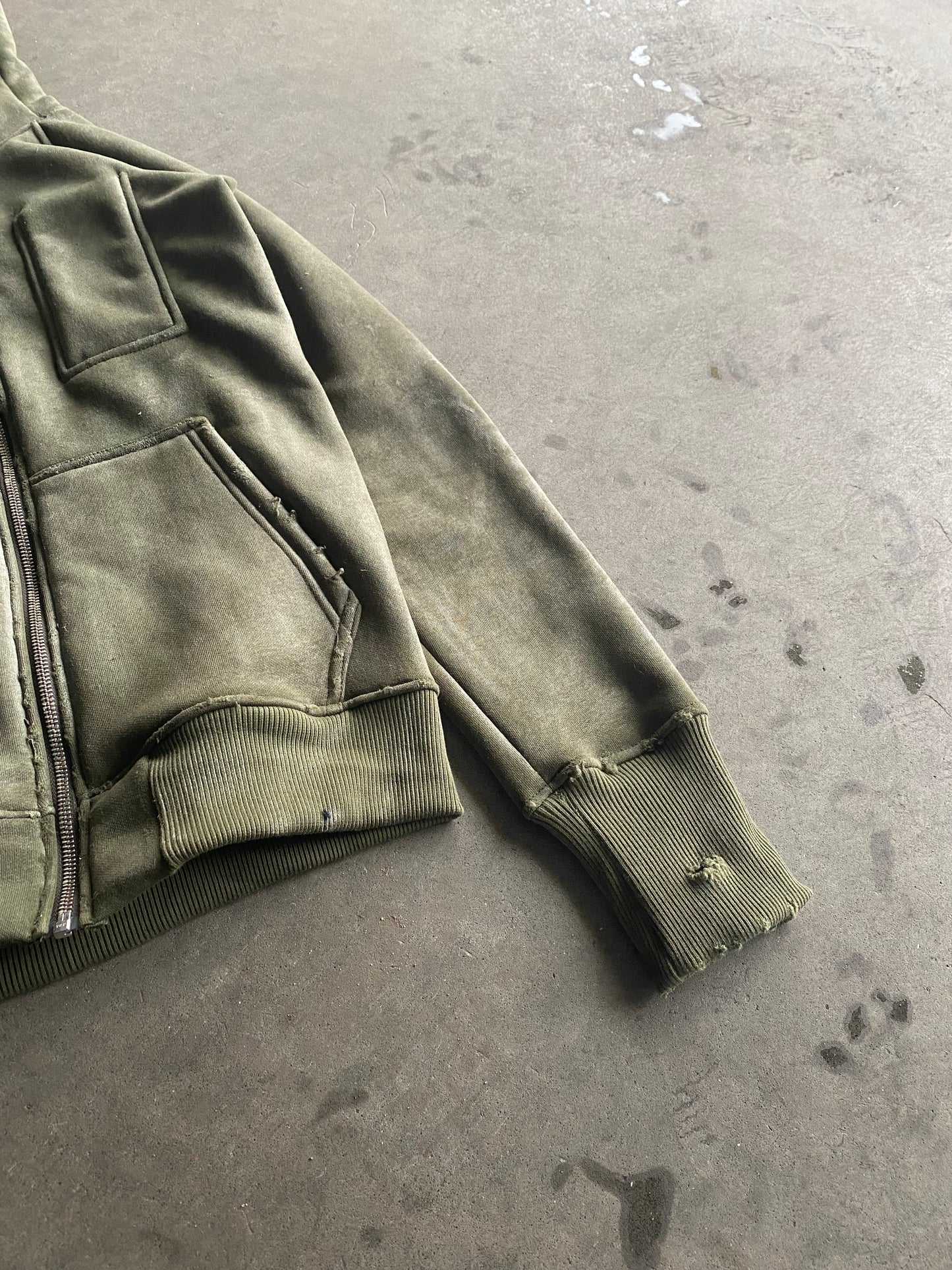 W/D Waxed Distressed Zipper Khaki Hoodie